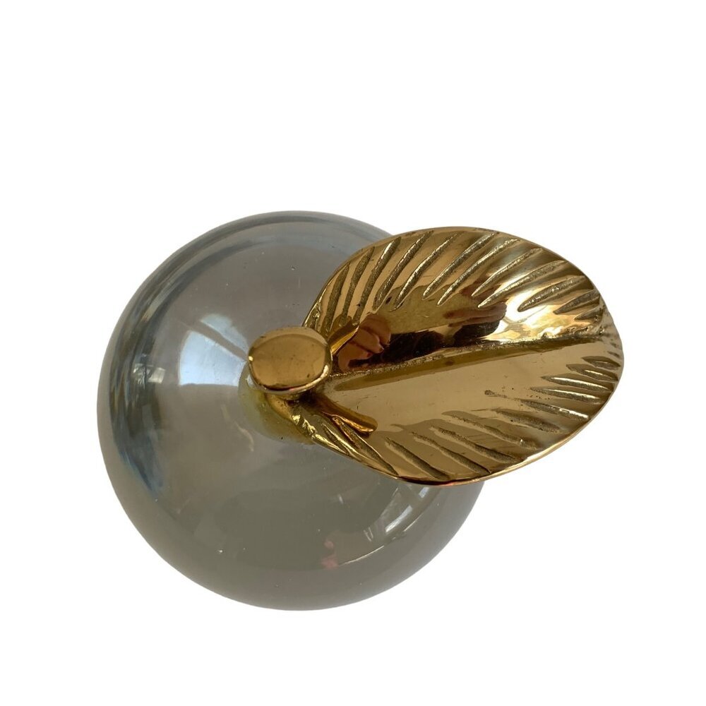 Vintage Clear Glass Apple Brass Leaf Stem Paperweight Large - Picture 5 of 7